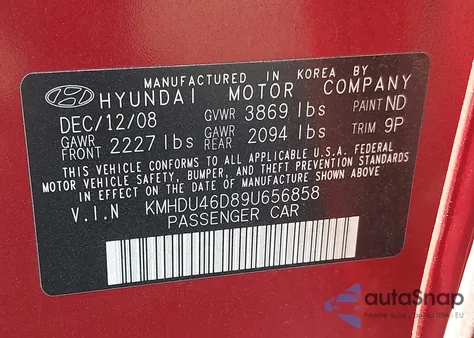 2009 Hyundai Elantra Gls/Se из США, поврежденный, VIN KMHDU46D89U656858